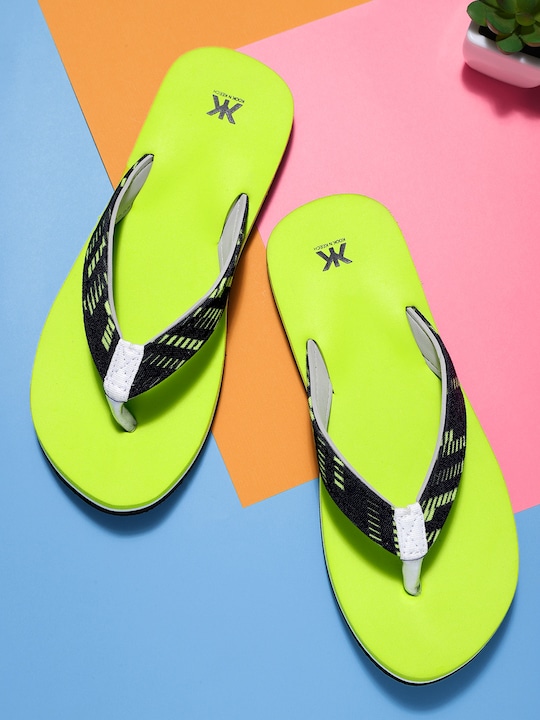 Kook N Keech - Women Black & Fluorescent Green Printed Thong Flip-Flops