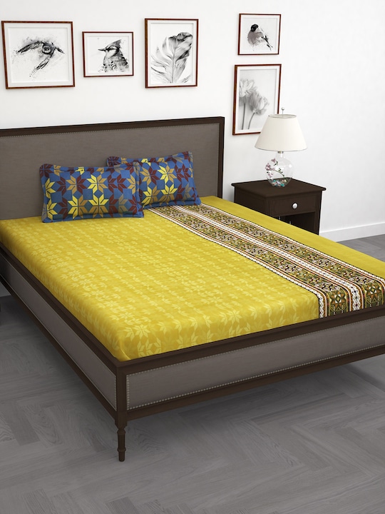 Story@home - Yellow & Blue Abstract 186 TC Cotton 1 Double bedsheet with 2 pillow covers