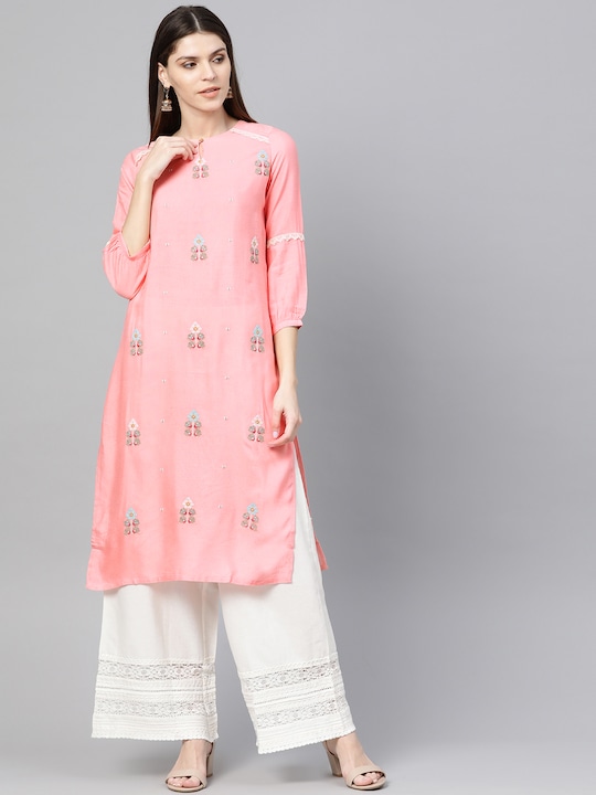 W - Women Pink Embroidered Straight Kurta