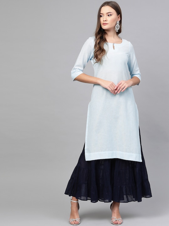 W - Women Blue & Silver Striped Straight Kurta