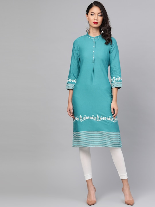 W - Women Teal Green Solid Straight Kurta