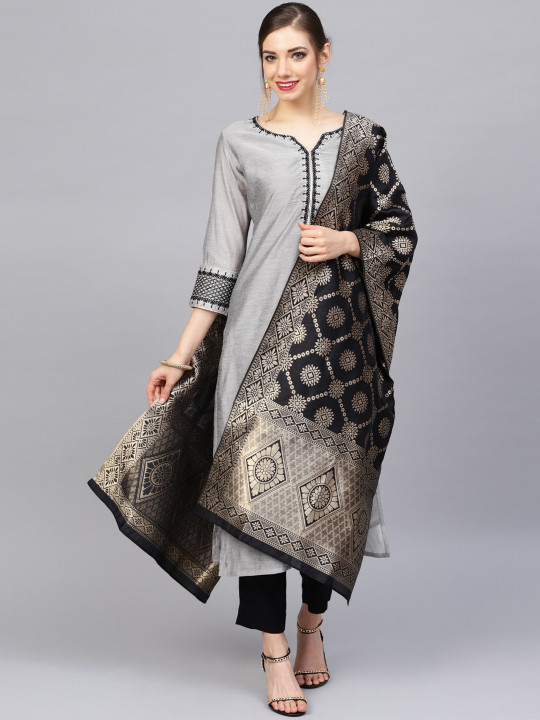 Varanga - Women Grey Floral Regular Kurta with Trousers & With Dupatta