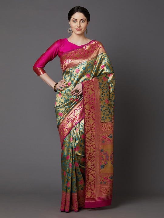 Mitera - Green & Blue Silk Blend Woven Design Banarasi Saree