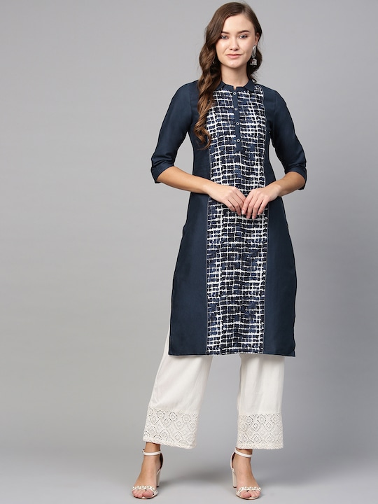 AURELIA - Women Navy Blue & White Printed Straight Kurta
