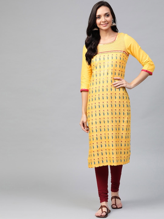 AURELIA - Women Yellow & Blue Ethnic Floral Print Straight Kurta