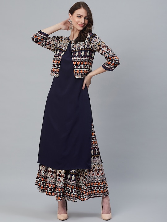 Azira - Women Navy Blue & Off-White Solid Kurta with Palazzos & Ethnic Jacket