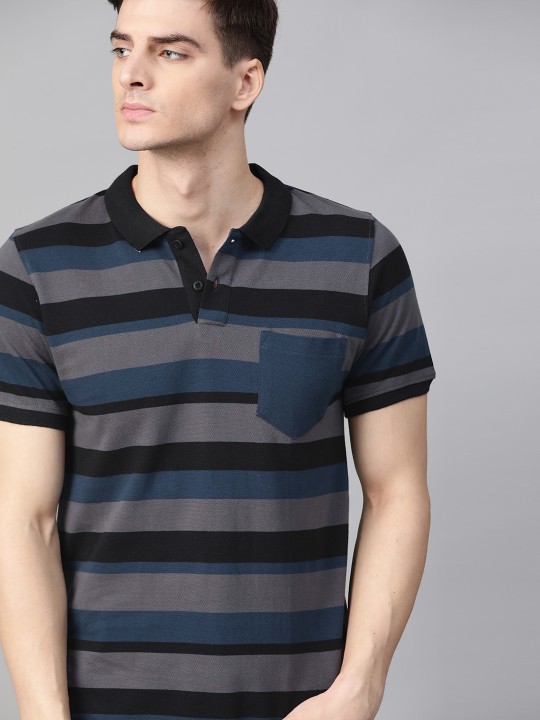Roadster - Men Grey & Blue Striped Polo Collar T-shirt
