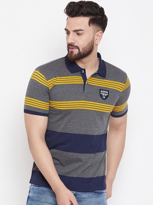Austin wood - Men Grey Striped Polo Collar T-shirt