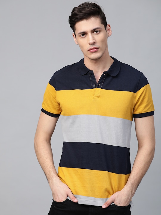 Roadster - Men Grey Melange & Mustard Yellow Striped Polo Collar T-shirt