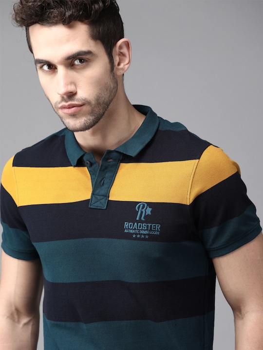 Roadster - Men Navy Blue & Mustard Yellow Striped Cotton Polo Collar T-shirt