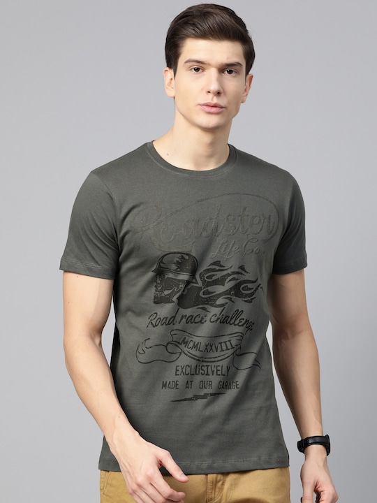 Roadster - Men Charcoal Grey Printed Round Neck T-shirt