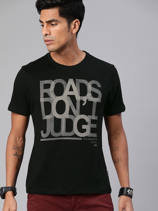 Roadster - Men Black and Beige Printed Round Neck T-shirt