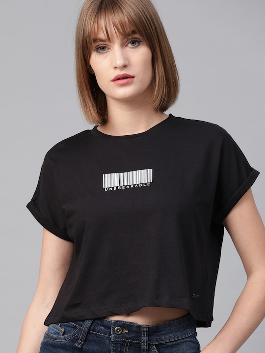 Roadster - Women Black Solid Round Neck  Boxy Cropped Pure Cotton T-shirt