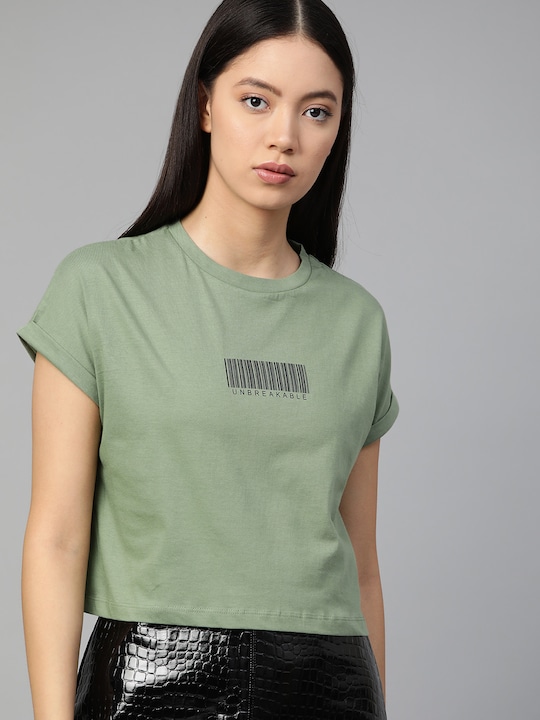 Roadster - Women Olive Green Solid Round Neck Boxy Cropped Top
