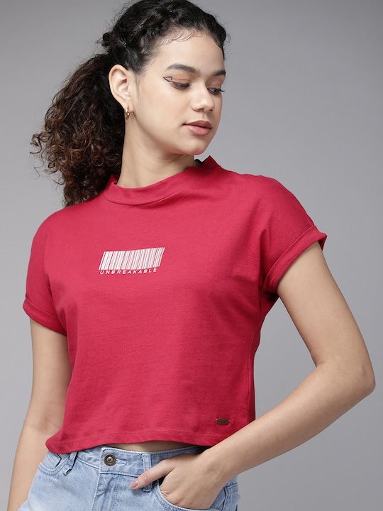 Roadster - Women Fuchsia Typography Printed Extended Sleeves Pure Cotton T-shirt