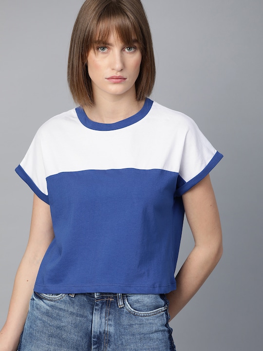 Roadster - Women Blue & White Colourblocked Round Neck Cropped Boxy T-shirt