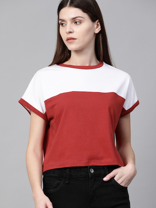 Roadster - Women Rust Red  White Colourblocked Round Neck Crop Pure Cotton T-shirt