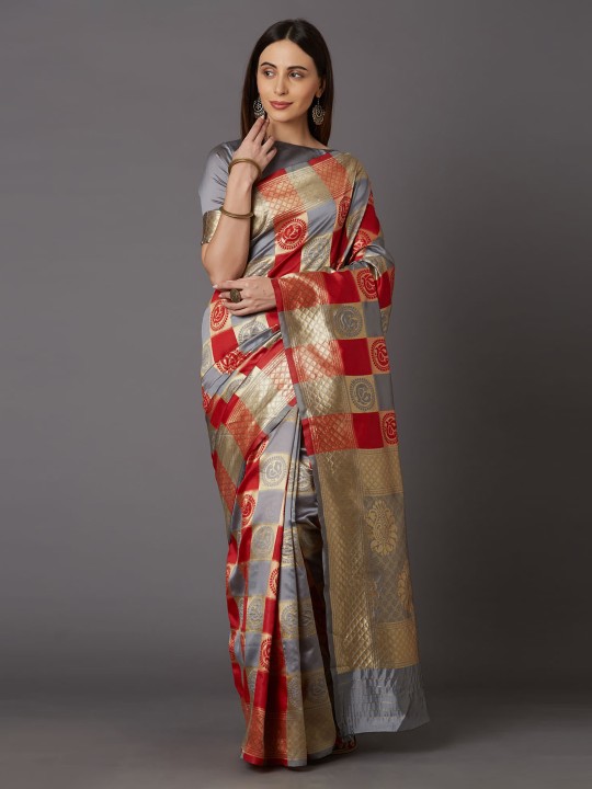 Mitera - Grey & Red Silk Blend Woven Design Kanjeevaram Saree