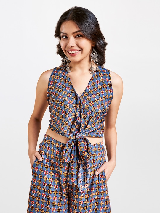 Global Desi - Women Blue & Mustard Yellow Printed Waist Tie-Up Crop Top
