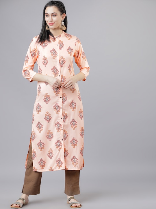 Vishudh - Women Peach-Coloured Printed Straight Kurta
