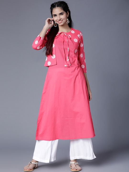 Vishudh - Women Pink & White Printed A-Line Kurta
