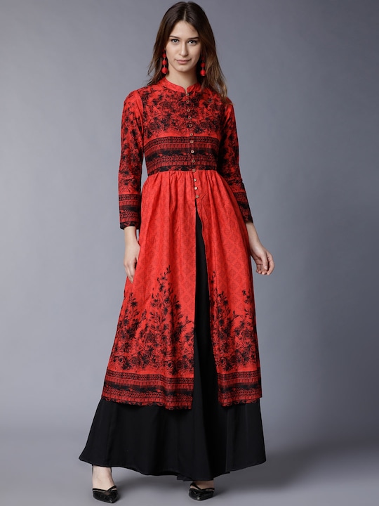 Vishudh - Women Red & Black Printed A-Line Kurta