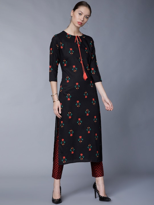 Vishudh - Women Black Printed Straight Kurta