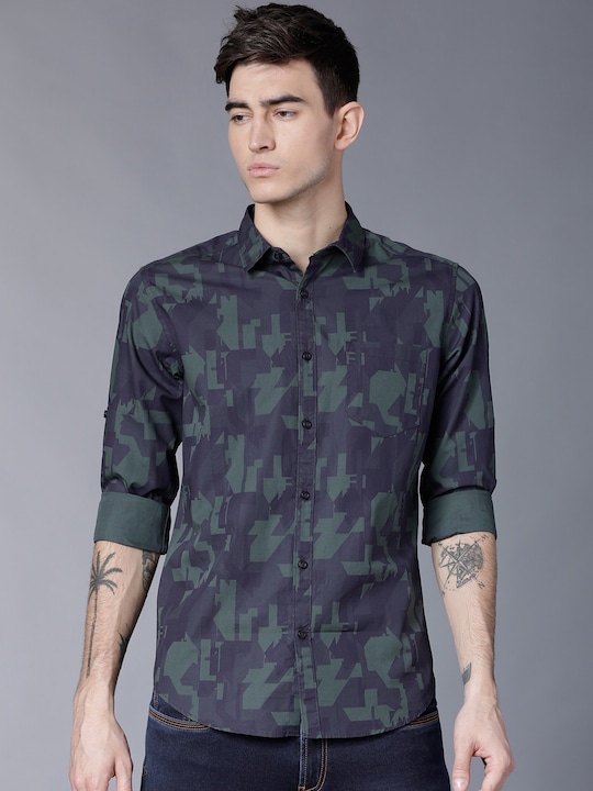 HIGHLANDER - Men Navy Blue & Olive Green Slim Fit Printed Casual Shirt