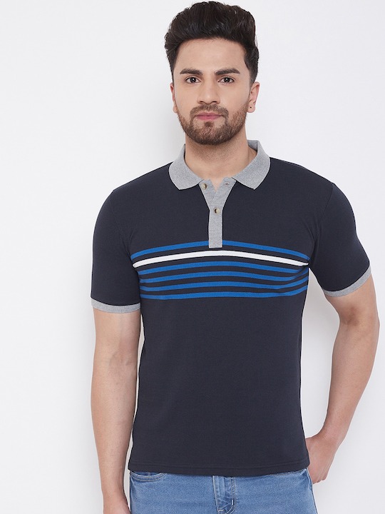 Austin wood - Men Black & Blue Striped Polo Collar T-shirt