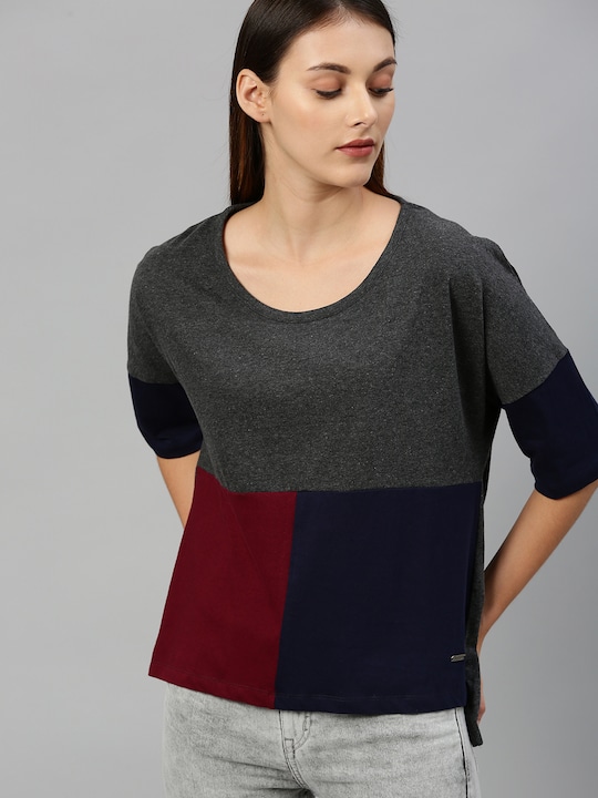 Roadster - Women Charcoal Grey & Maroon Colourblocked Round Neck T-shirt
