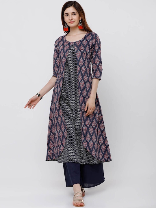 Vishudh - Women Navy Blue and Pink Printed Layered A-Line Kurta