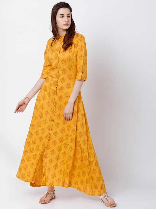 Vishudh - Women Mustard Yellow Printed A-Line Kurta