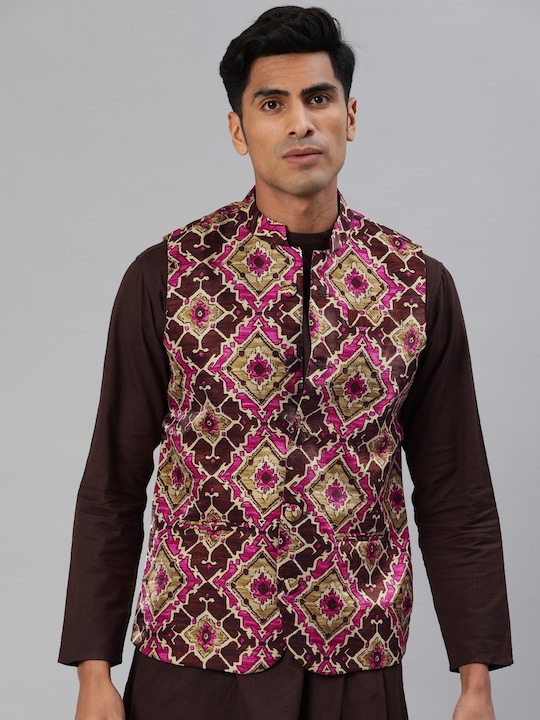 Svanik - Men Brown & Pink Printed Slim Fit Nehru Jacket