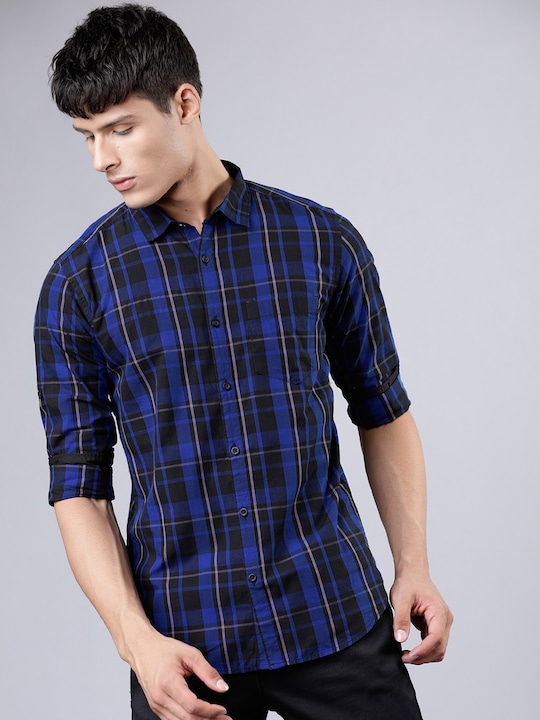 HIGHLANDER - Men Blue & Black Slim Fit Yarn Dyed Checked Casual Shirt