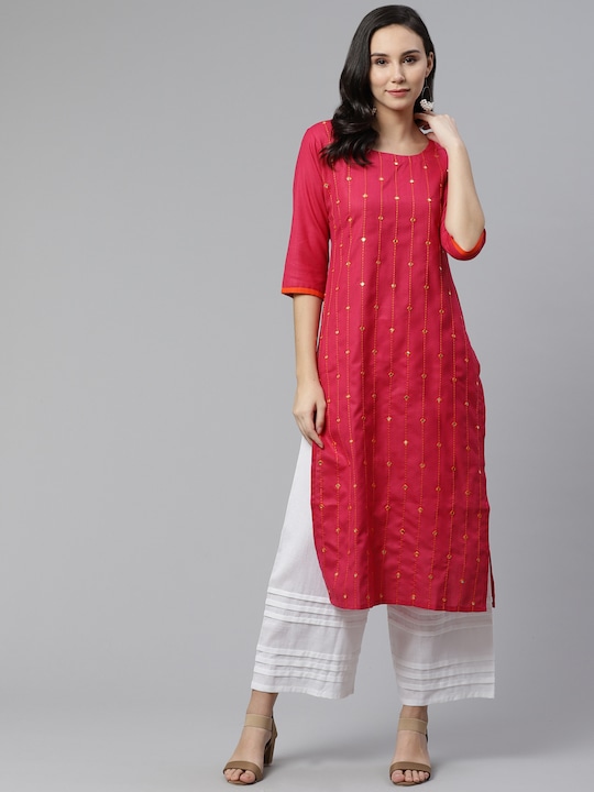 Libas - Women Pink Mirror-Work Straight Kurta