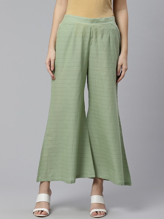 Libas - Women Green & Golden Striped Flared Palazzos