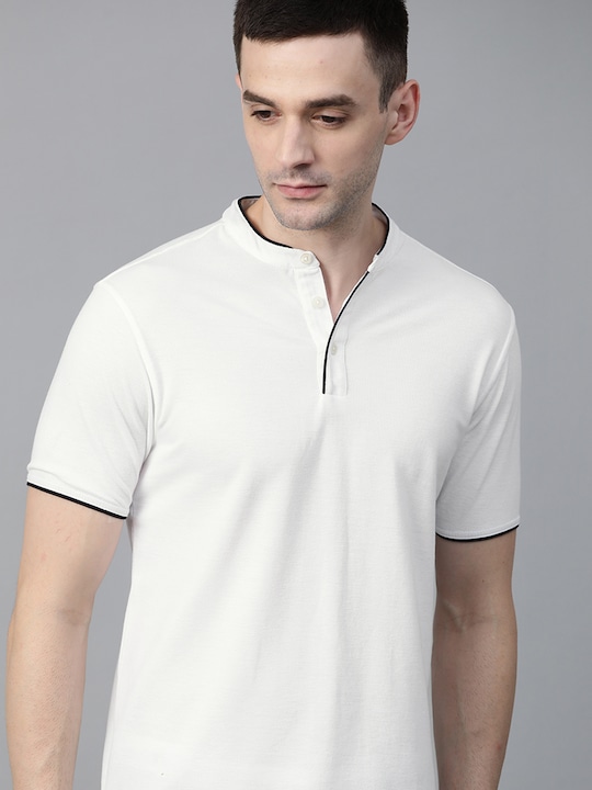 Roadster - Men White Solid Mandarin Collar T-shirt