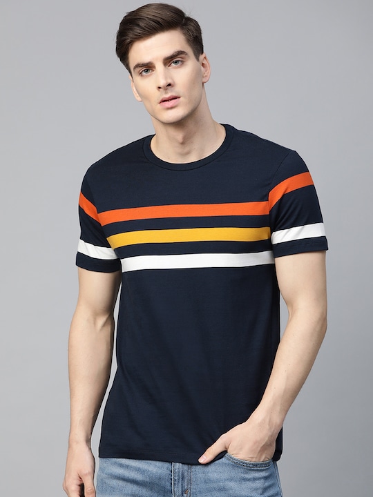Roadster - Men Navy Blue & Orange Striped Round Neck T-shirt