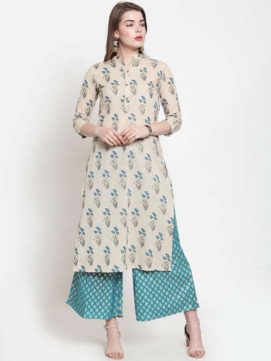 Varanga - Women Beige & Blue Printed Straight Kurta