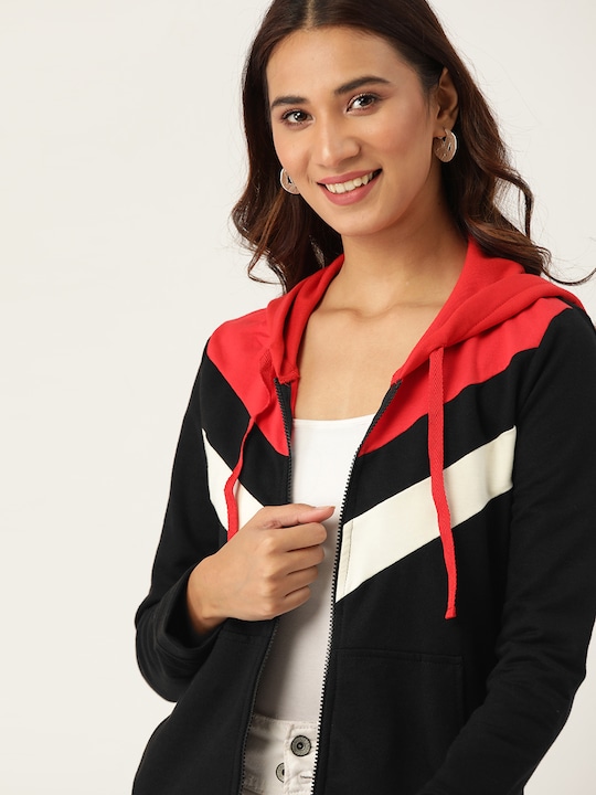 DressBerry - Women Black & Red Colourblocked Hooded Sweatshirt
