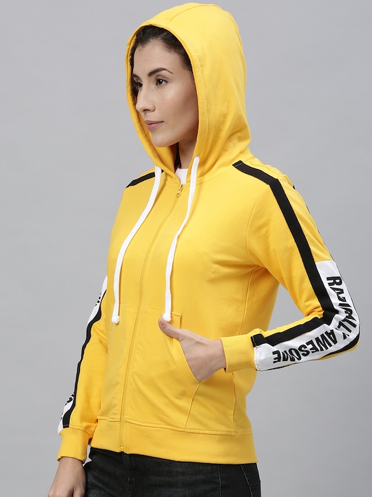 Kook N Keech - Women Yellow & Black Solid Hooded Sweatshirt