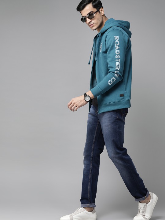 Roadster - Men Teal Blue Solid Hooded Sweatshirt