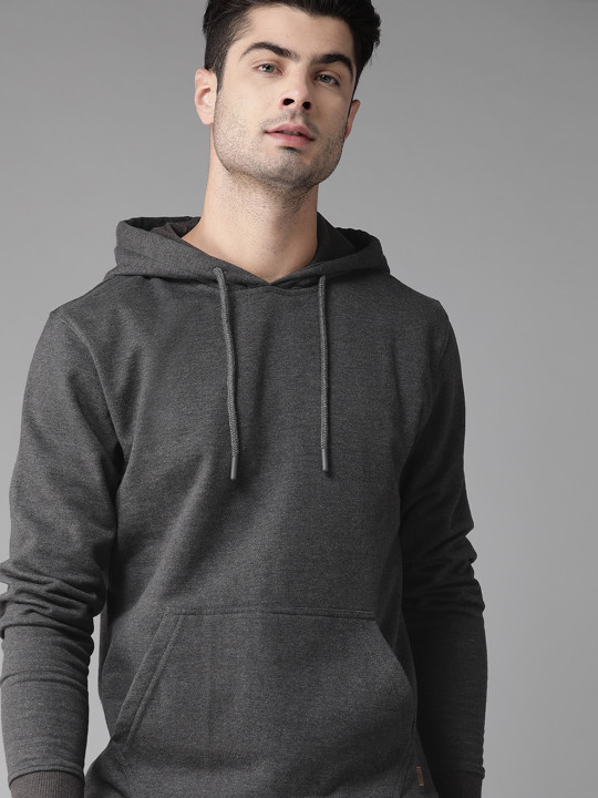 Roadster - Men Charcoal Grey Solid Hooded Sweatshirt