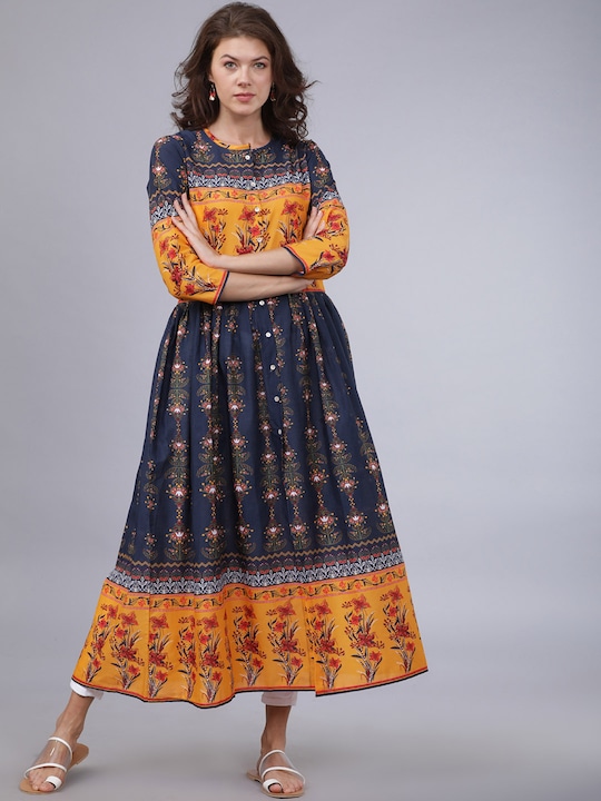 Vishudh - Women Navy Blue & Mustard Yellow Floral Printed A-Line Kurta