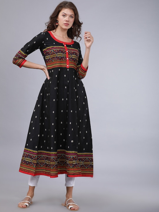 Vishudh - Women Black & Red Printed A-Line Kurta