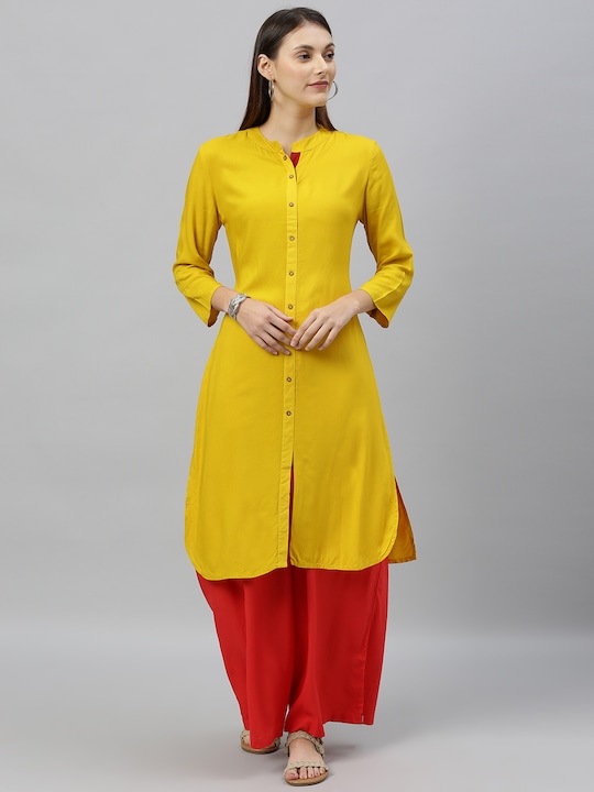Anouk - Women Mustard Yellow Solid Straight Kurta