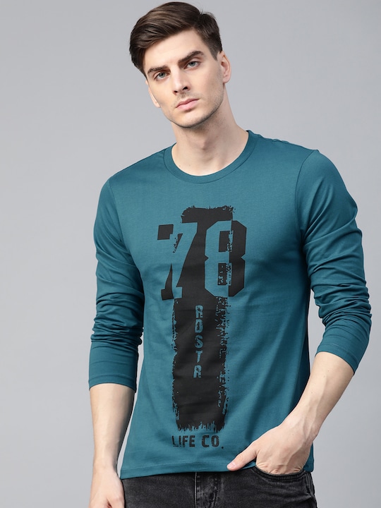 Roadster - Men Teal Blue  Black Printed Round Neck Pure Cotton T-shirt