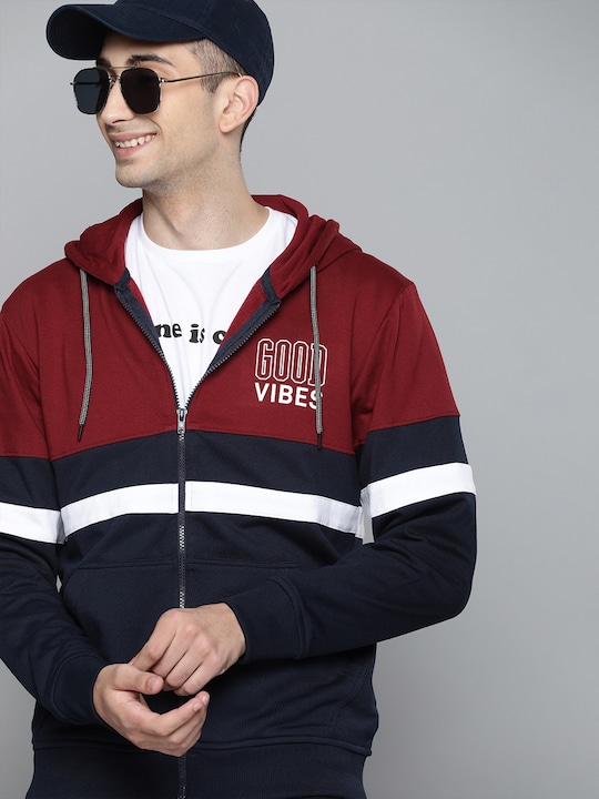 HERE&NOW - Men Maroon & Navy Blue Colourblocked Hooded Sweatshirt