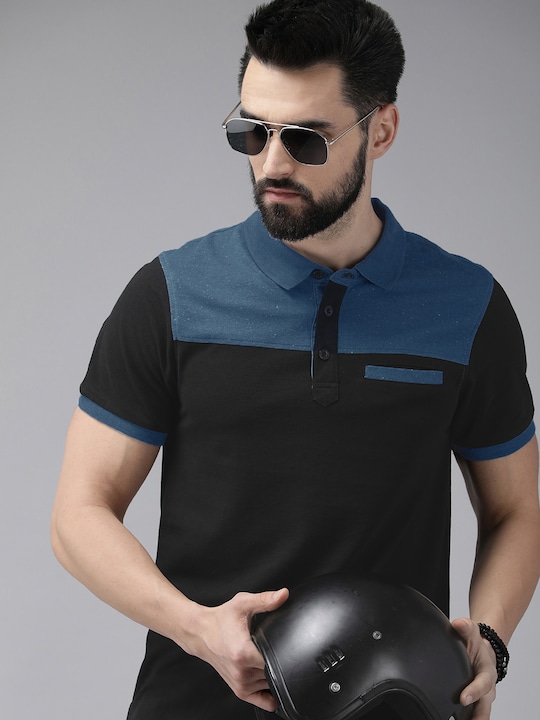 Roadster - The Men Black And Blue Colourblocked Polo Collar Pure Cotton T-shirt