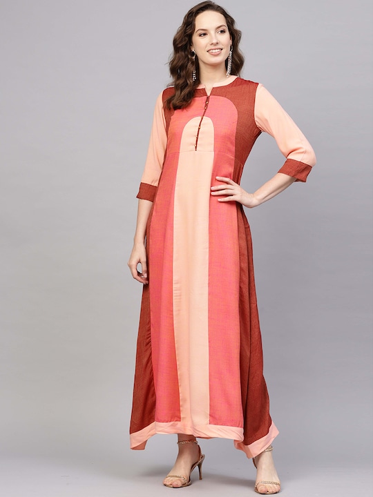 Indo Era - Women Pink & Peach-Coloured Colourblocked A-Line Kurta